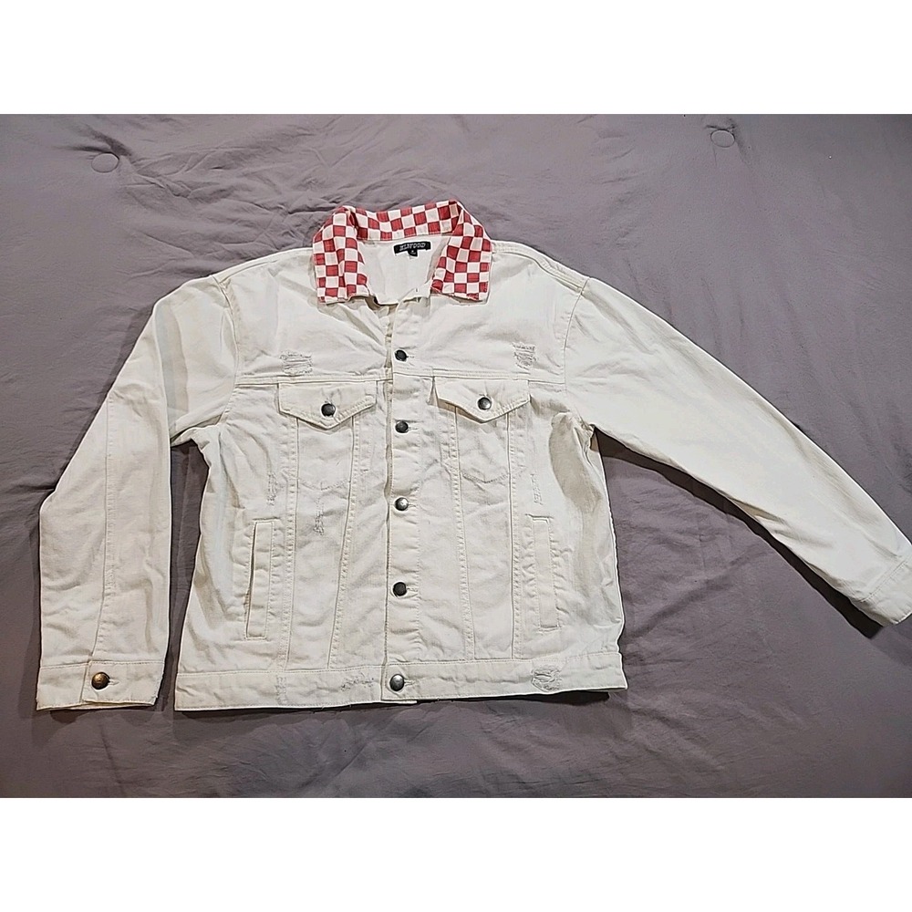 Elwood Cream Denim Jacket With Red‎ Checkered Collared Distressed Medium